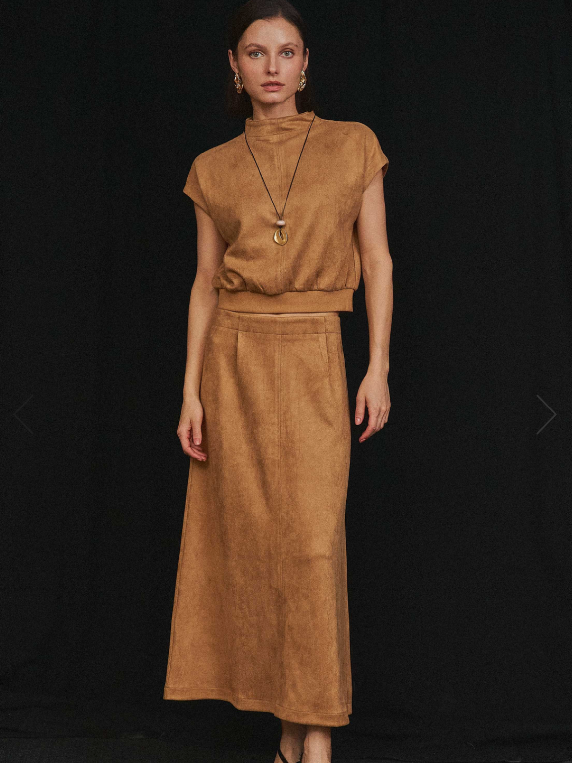 Mock Neck Stretch Suede Top & Skirt