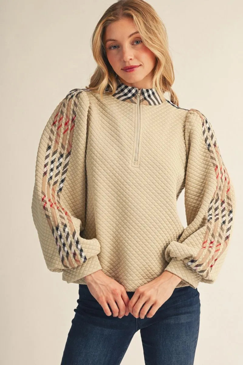Quarter Zip Puff Sleeve - Beige