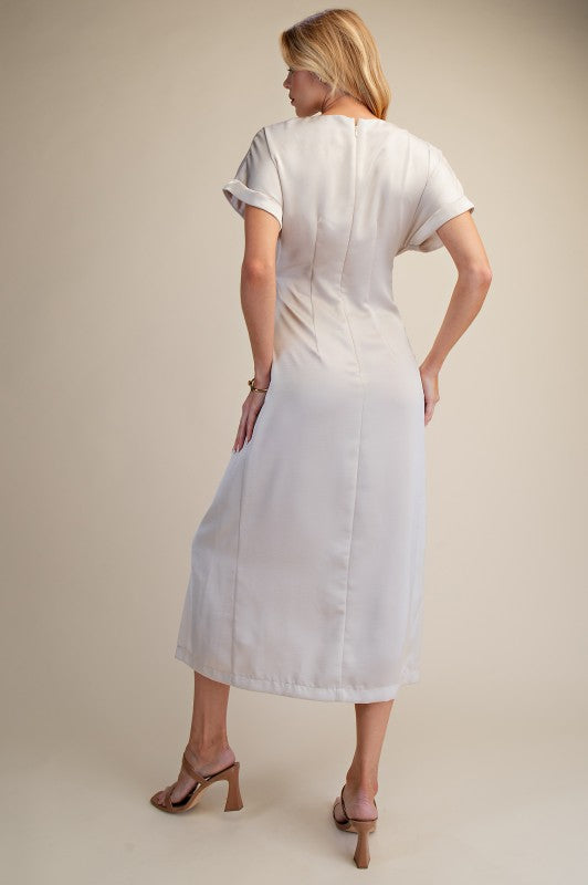 Gathered Metal Trim Midi Dress - Cream