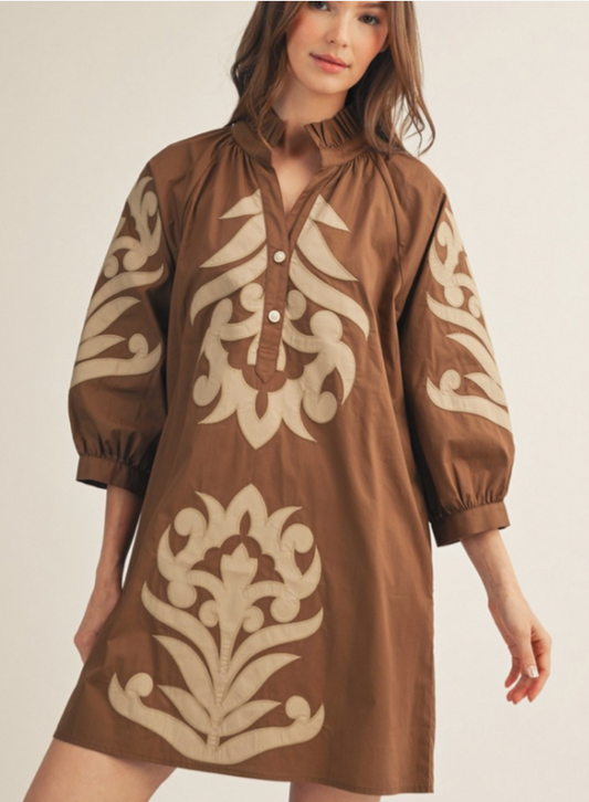 Brown and Tan Baroque Floral Dress