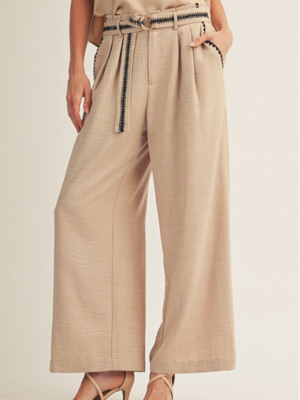 Embroidery Accent Wide Leg Slacks