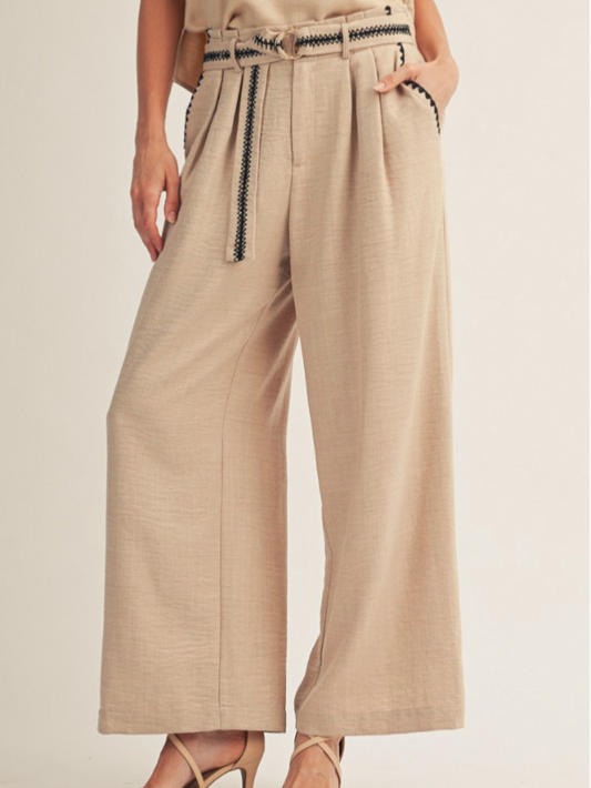 Embroidery Accent Wide Leg Slacks