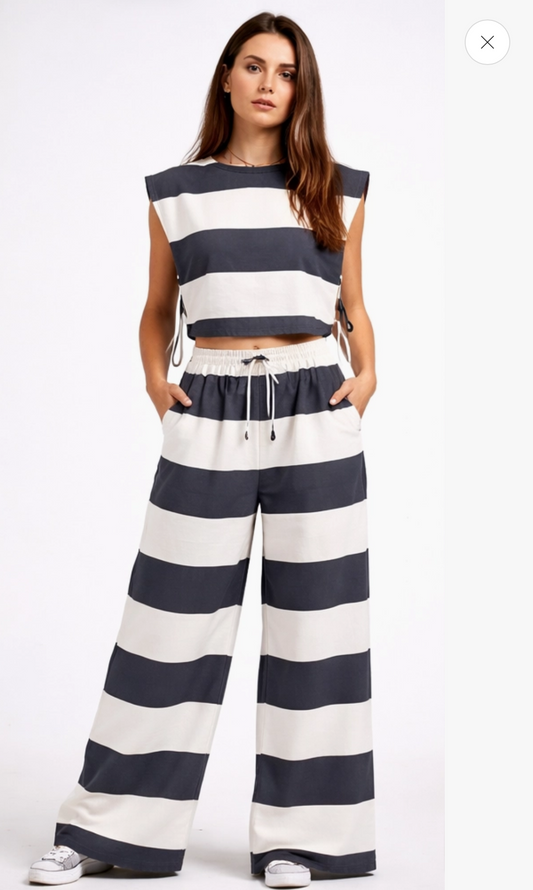 White and Navy Stripe Pants with Elastic Waist