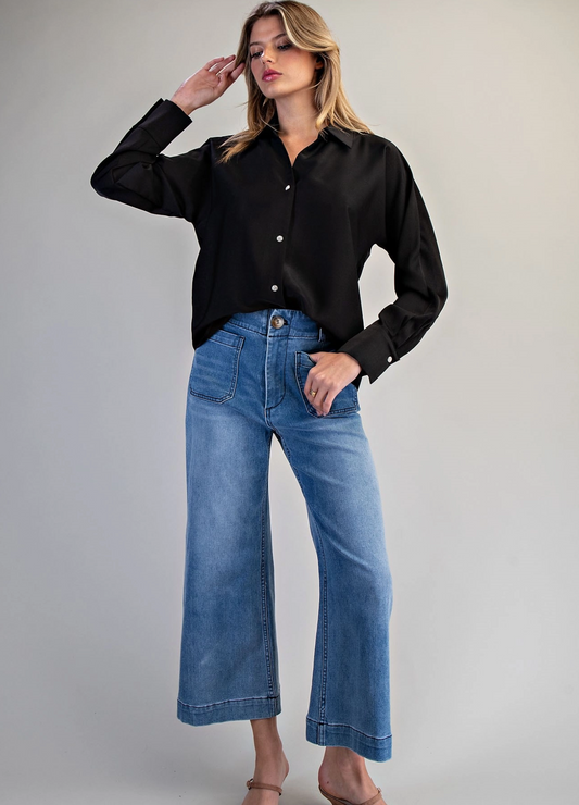 Button Down Long Sleeve Blouse Black