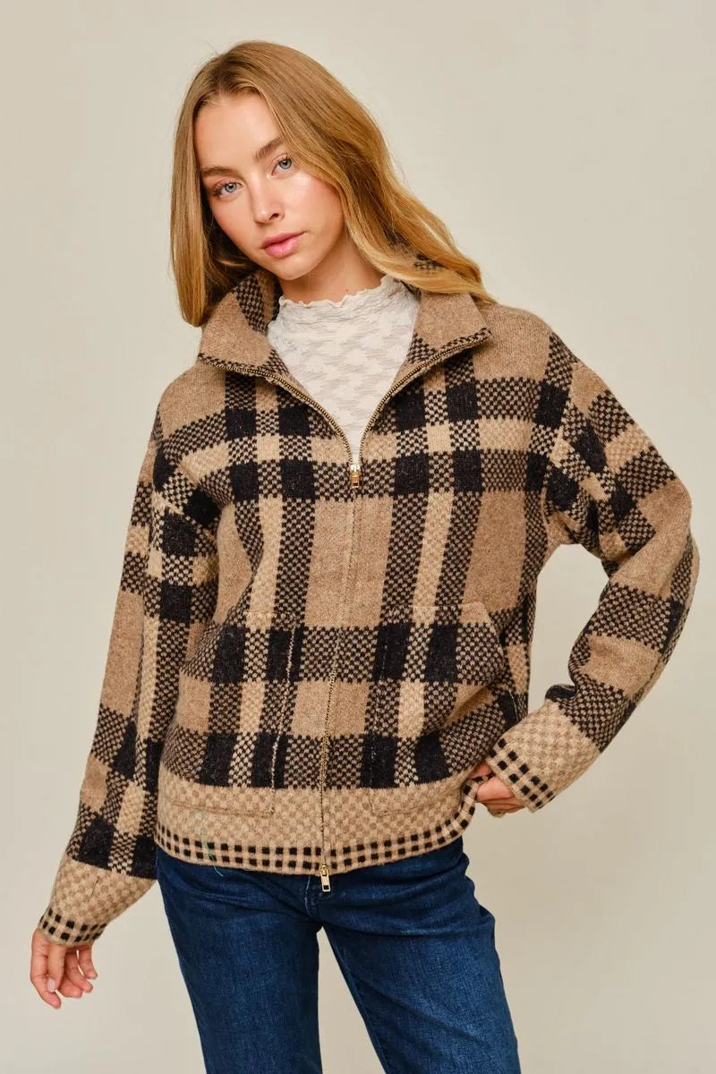Plaid Zip Up Cardigan - Taupe