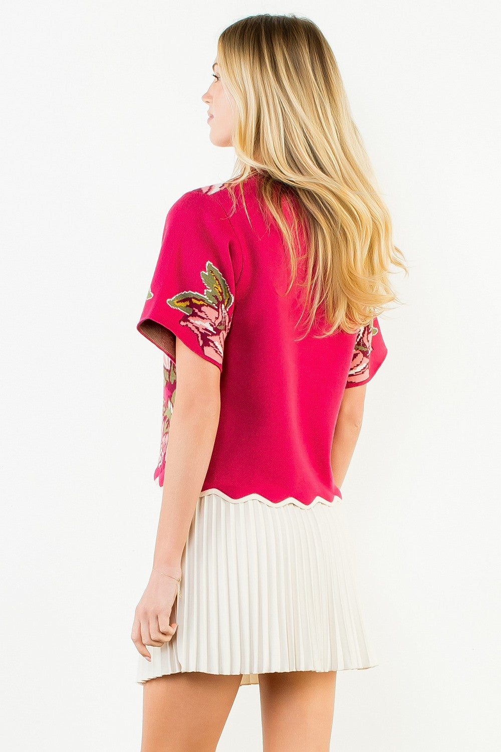 Magenta Short Sleeve Sweater With Scallop Hem
