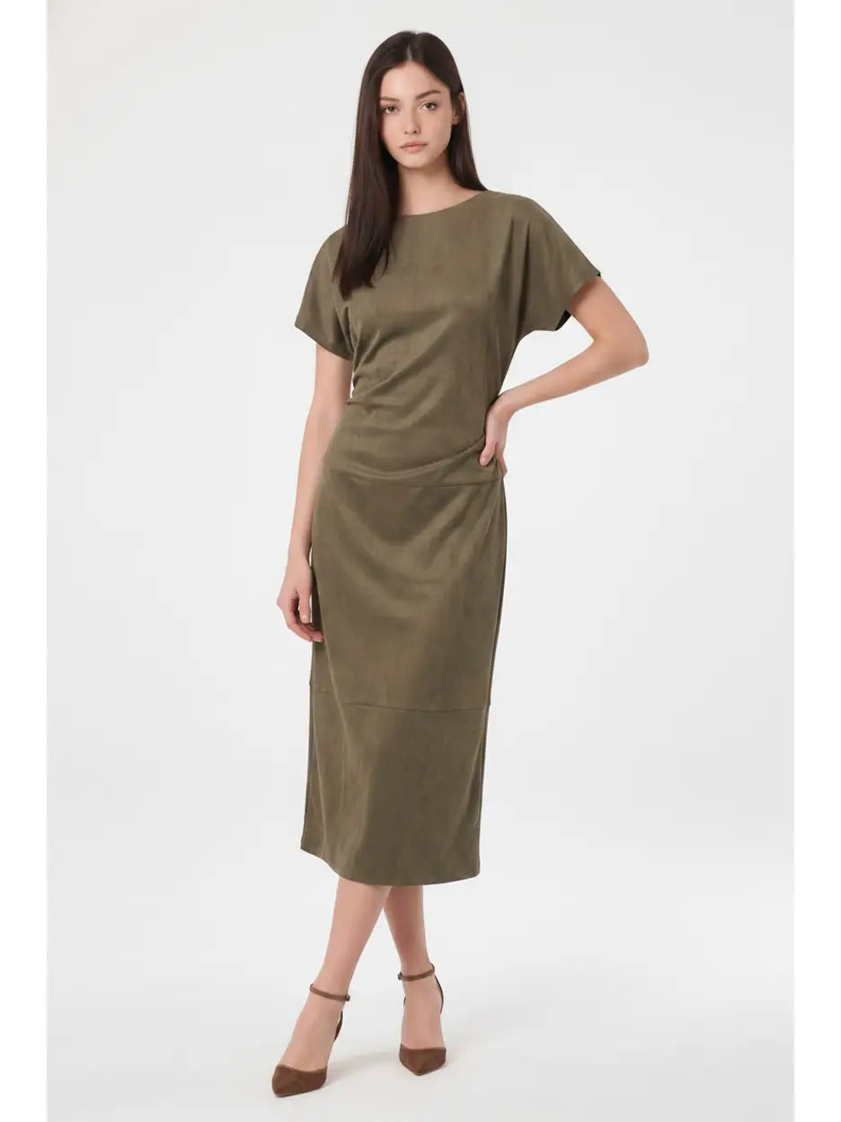 Faux Suede Draped Neckline Midi Dress
