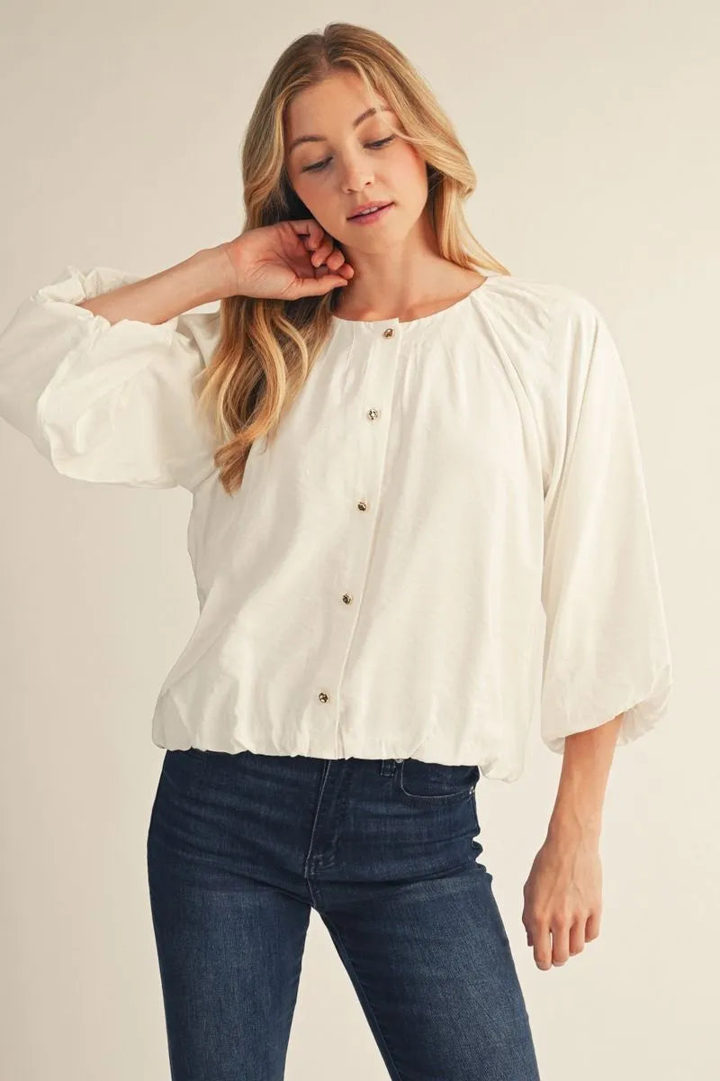 3/4 Puff Sleeve Crinkle Top - Ivory