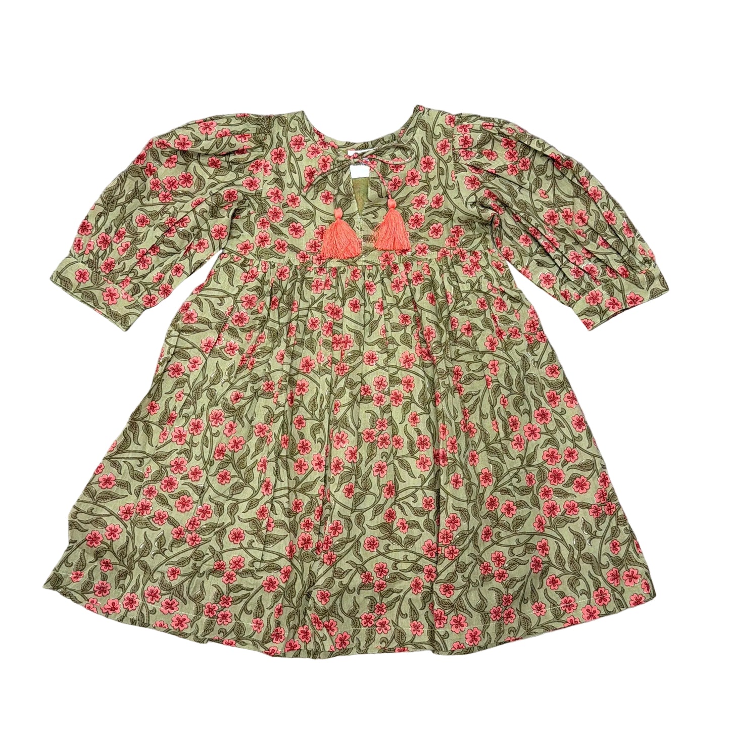 Olive Green Floral Cotton Tassel Dress