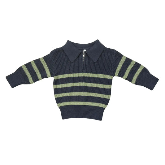 Striped Zip Up Sweater-Evergreen