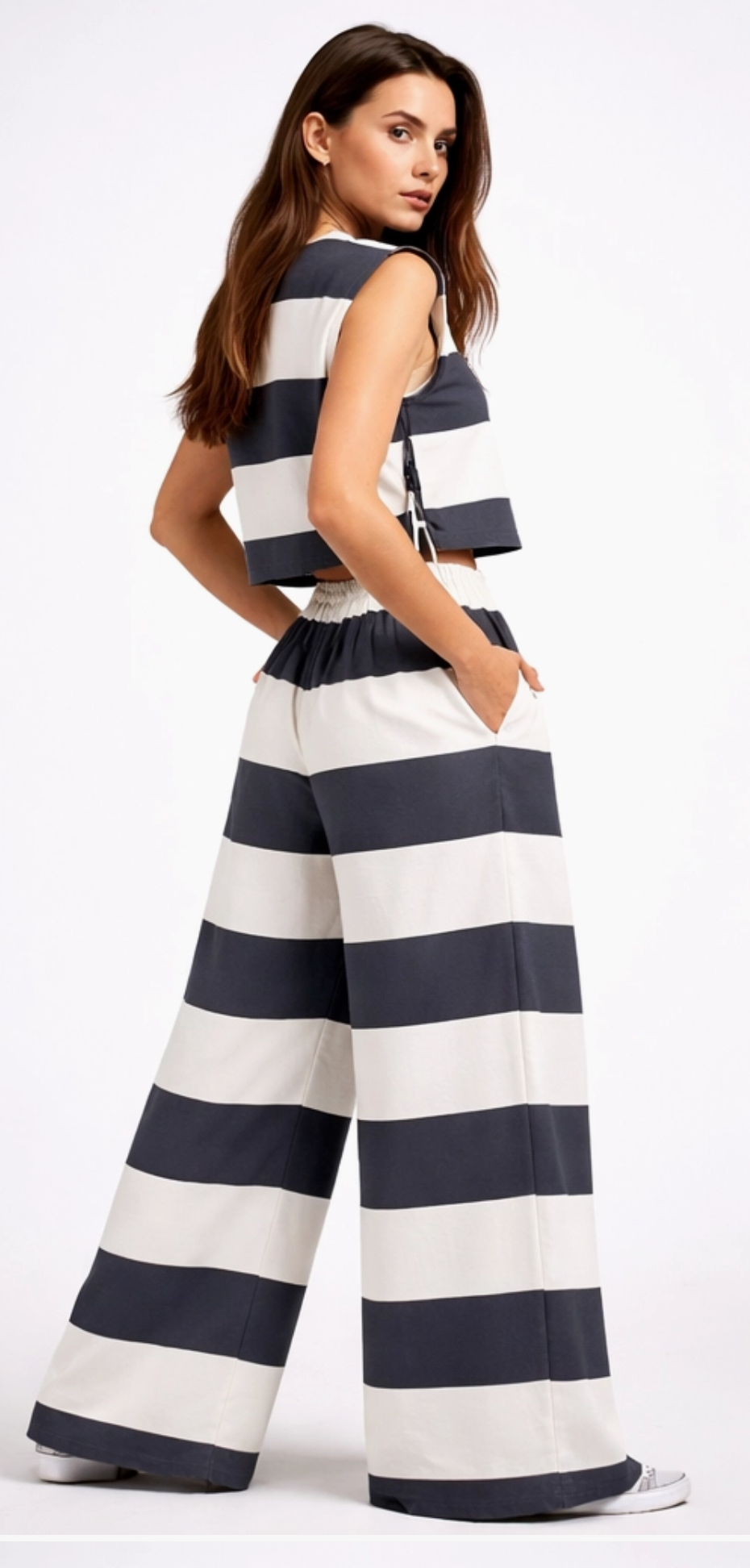 White and Navy Stripe Pants with Elastic Waist