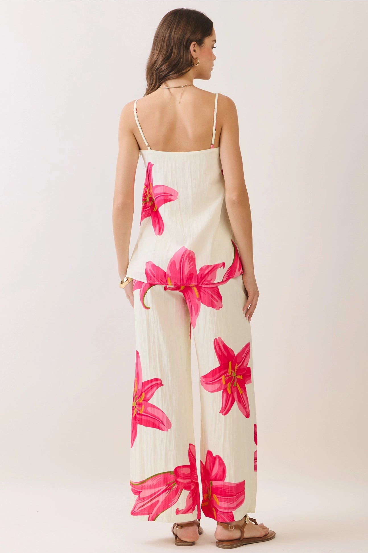 Cream Pant Set With Pink Flowers