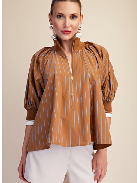 Mock Neck Puff Sleeve Stripe Blouse