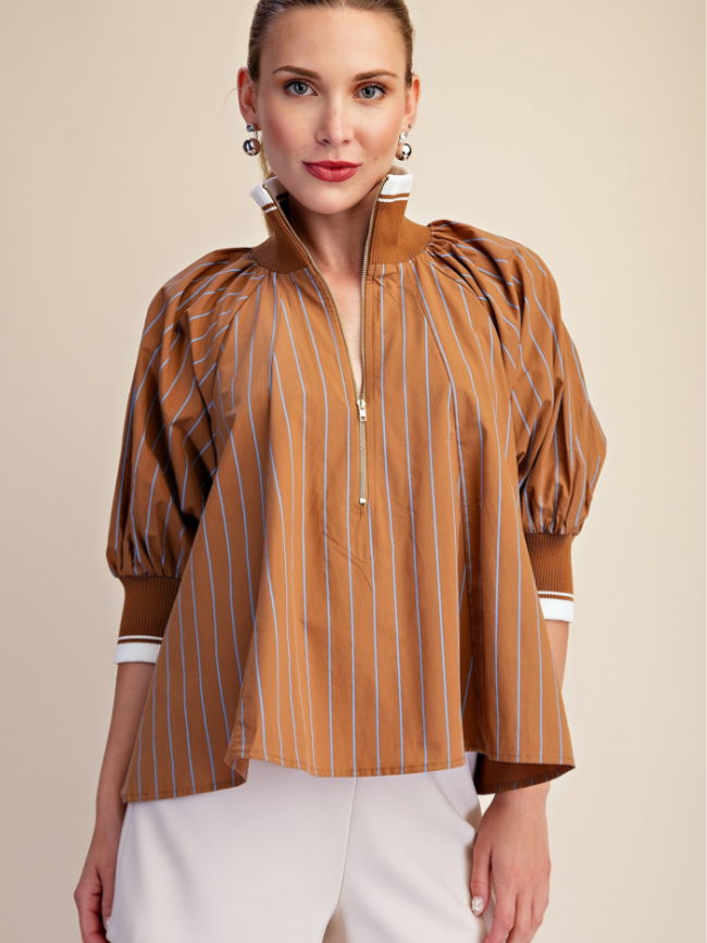 Mock Neck Puff Sleeve Stripe Blouse