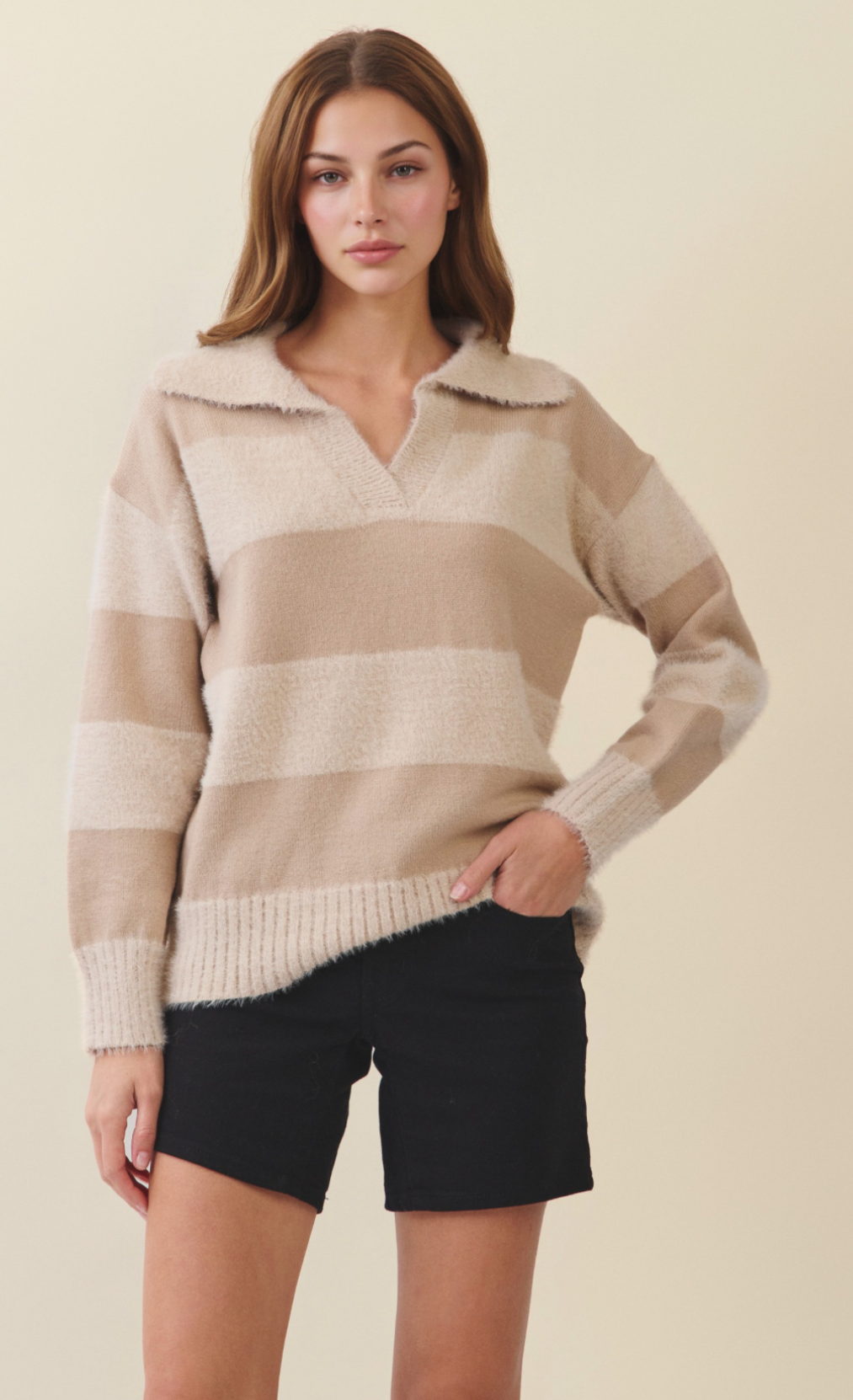 Soft Textured Striped Collar Knit Sweater
