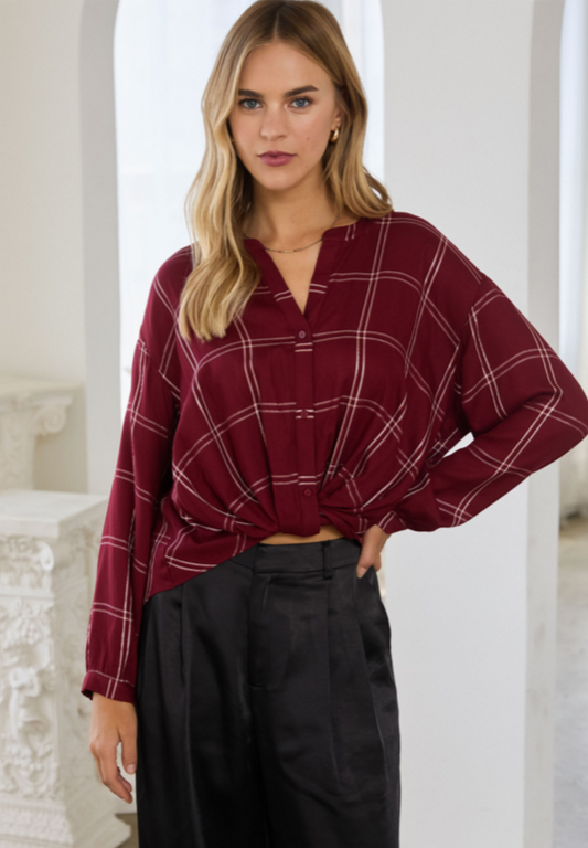 Twist Front Plaid in Dark Red