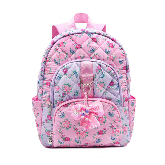 Floral Printed Quilted Large Backpack with Charm