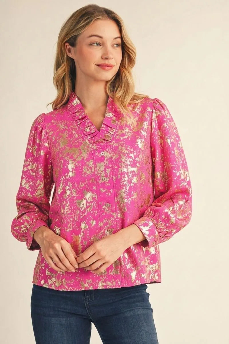 Hot Pink Metallic Ruffle Collar Top