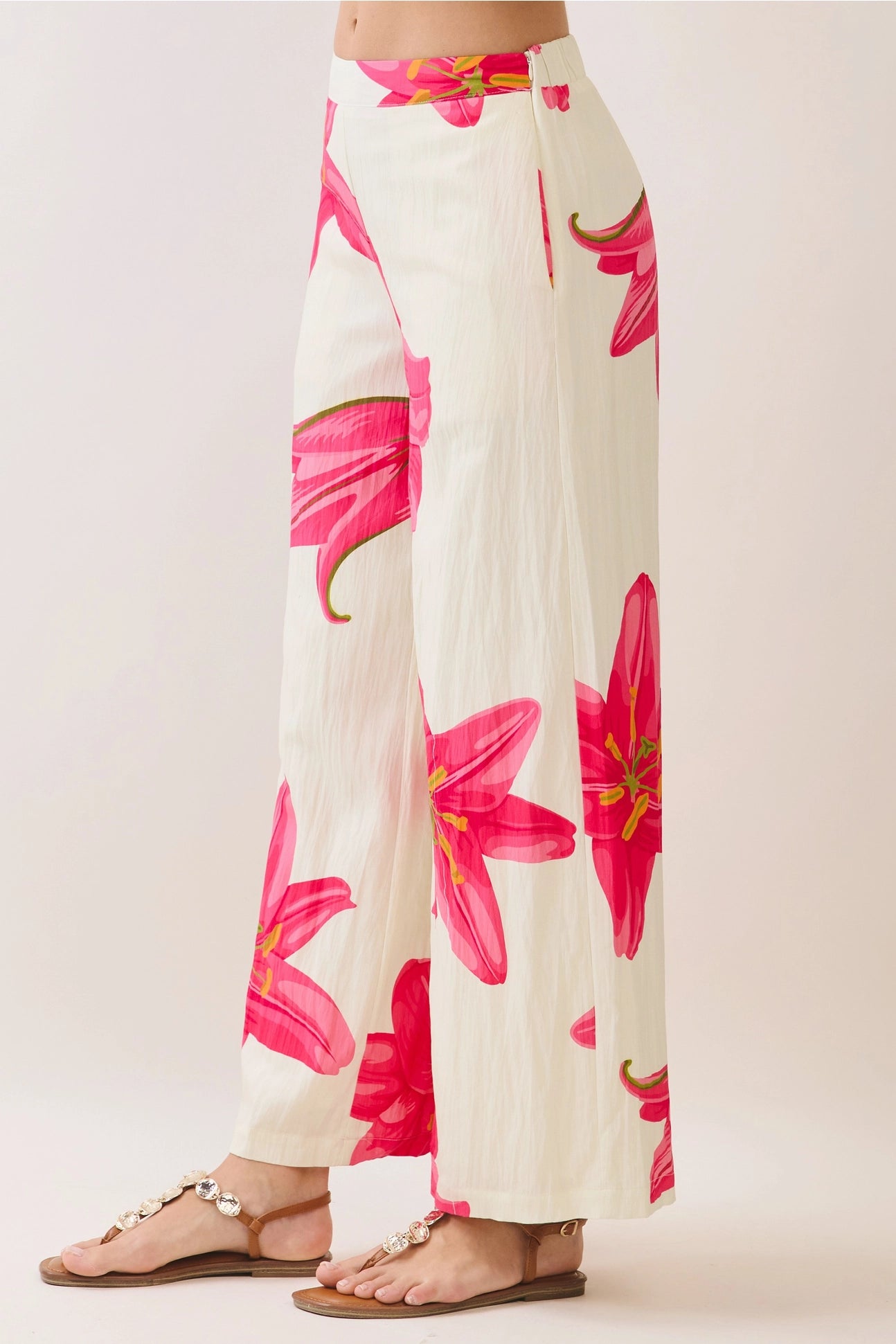 Cream Pant Set With Pink Flowers