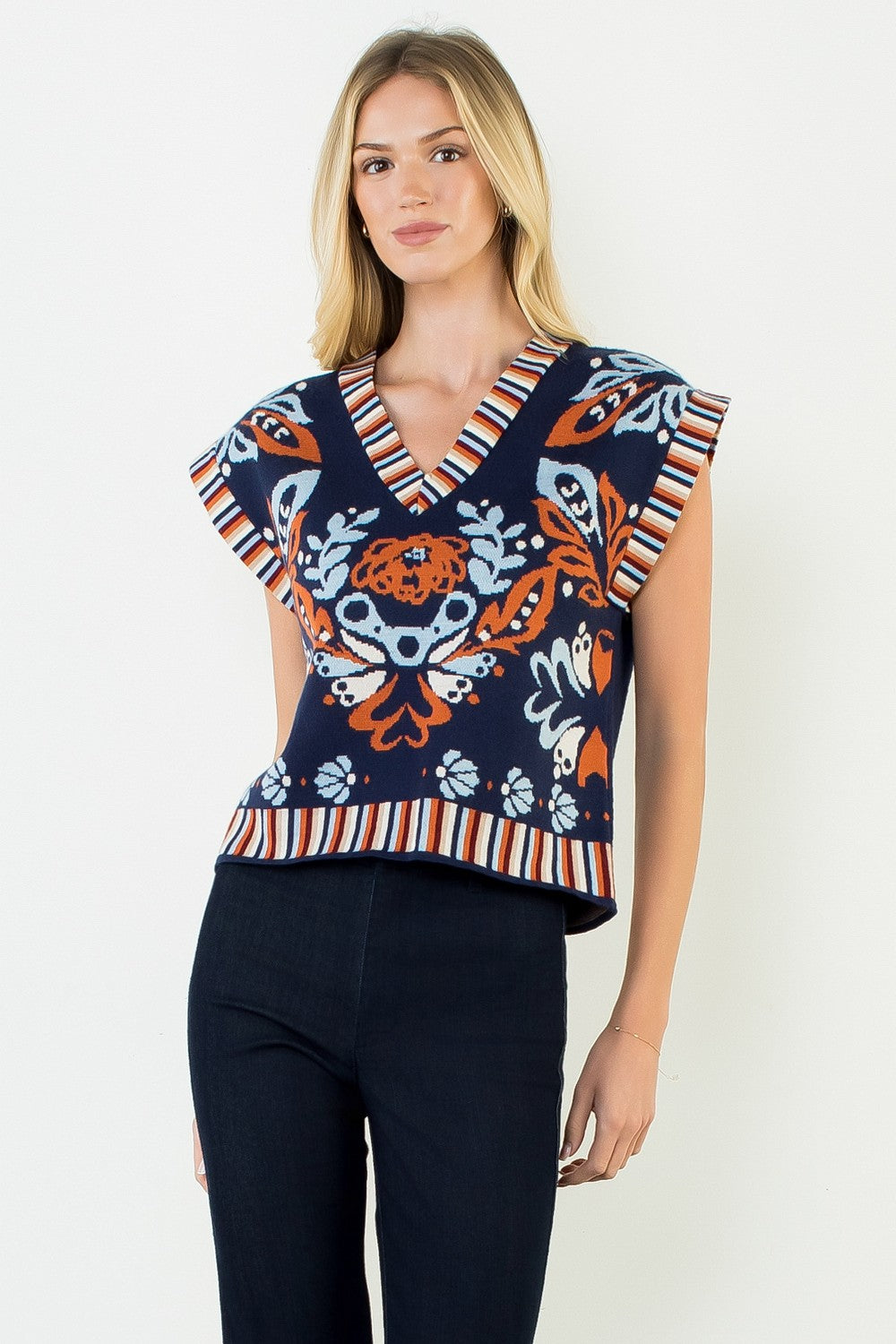 Flower Print With Stripe Detail Vest