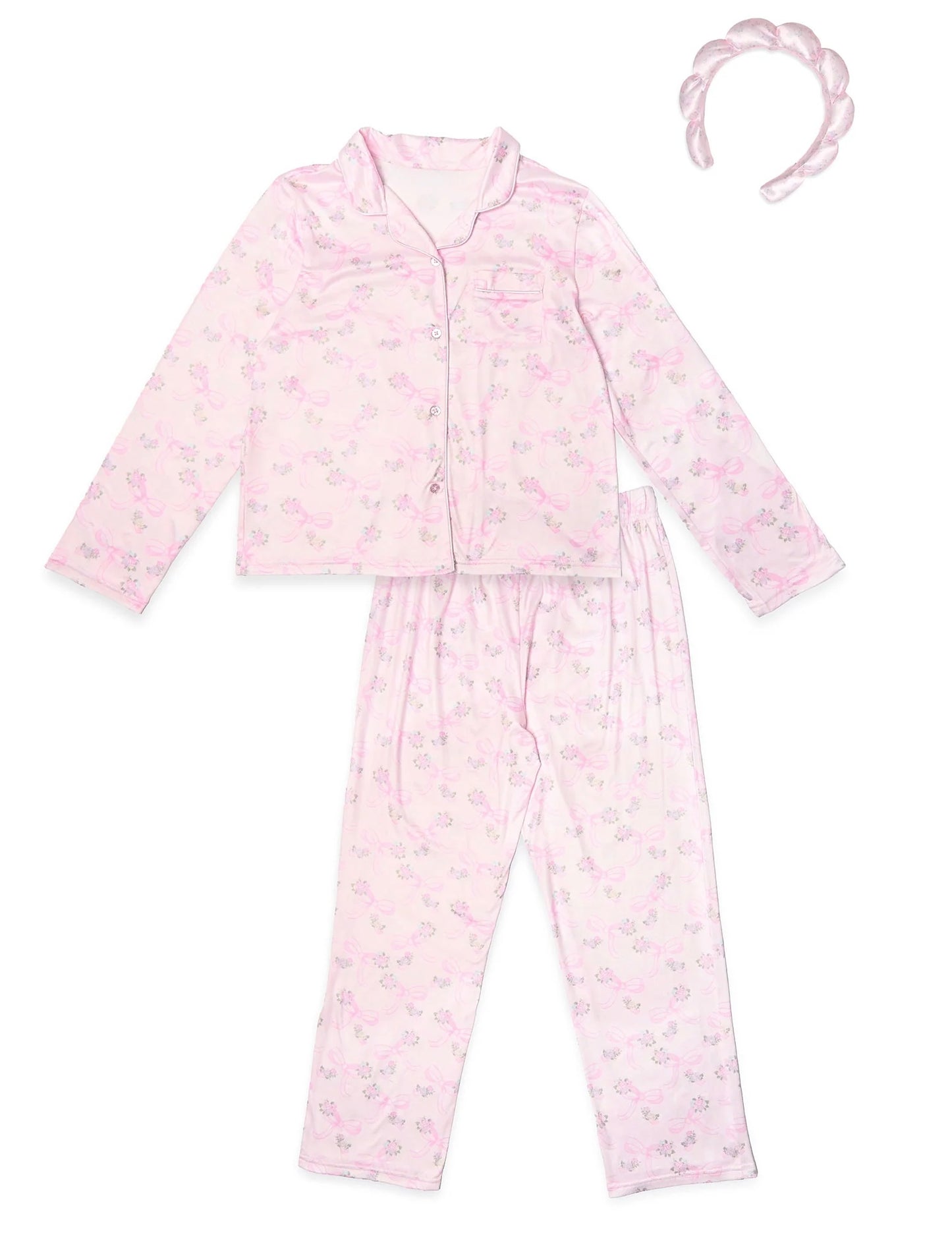 Powder Pink Bow Pajama Set W/ Headband
