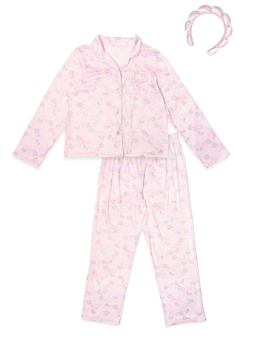 Powder Pink Bow Pajama Set W/ Headband