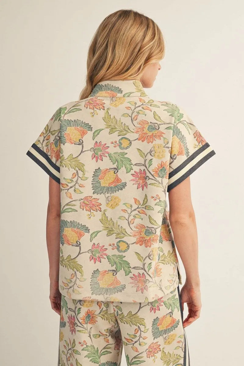 Drop Shoulder Zip Up Floral Top - Ivory