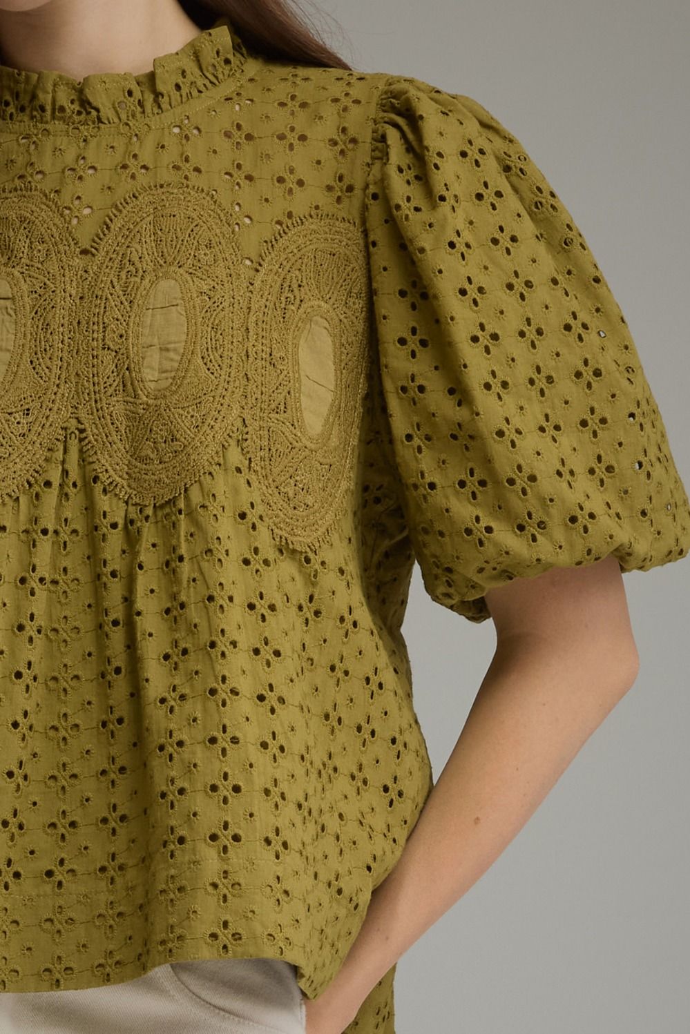 Eyelet Puff Sleeve Top - Olive