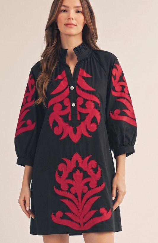 Black and Red Baroque Floral Dress