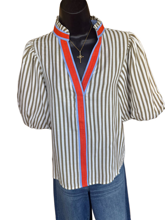 Orange Detail V Neck Stripe Top