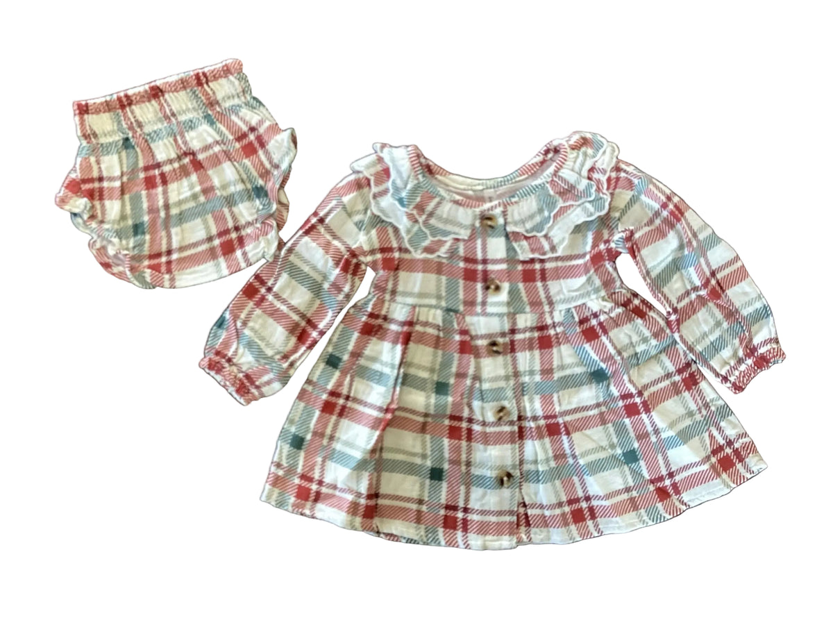 Ruffled Collar Dress Set-Tartan Plaid