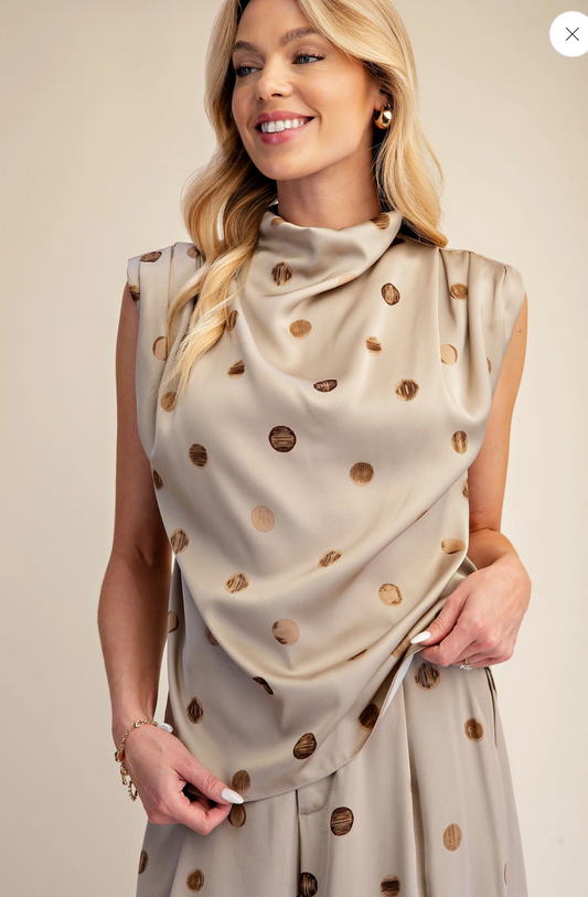 Cowl Mock Neck Sleeveless Polka Dot Top