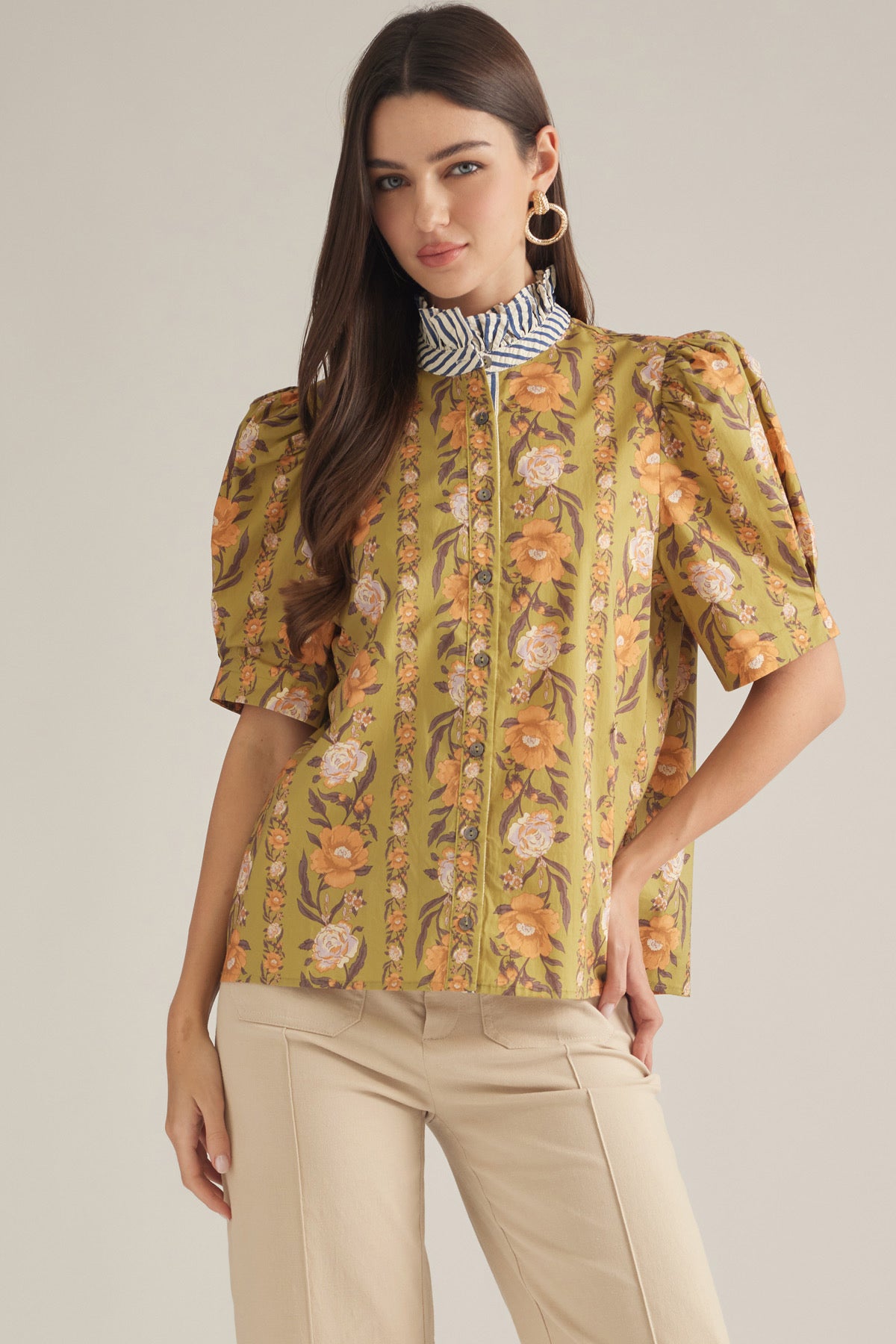 Olive Puff Sleeve Floral Top