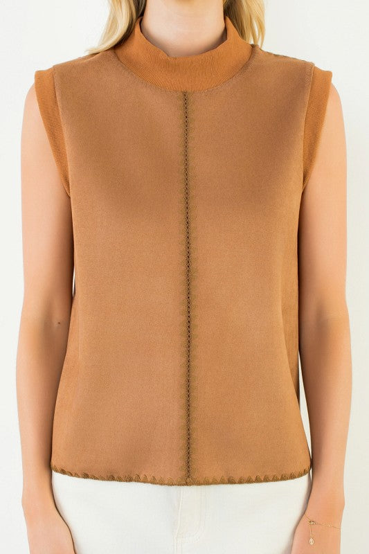 Stitching Detail Suede Top - Camel