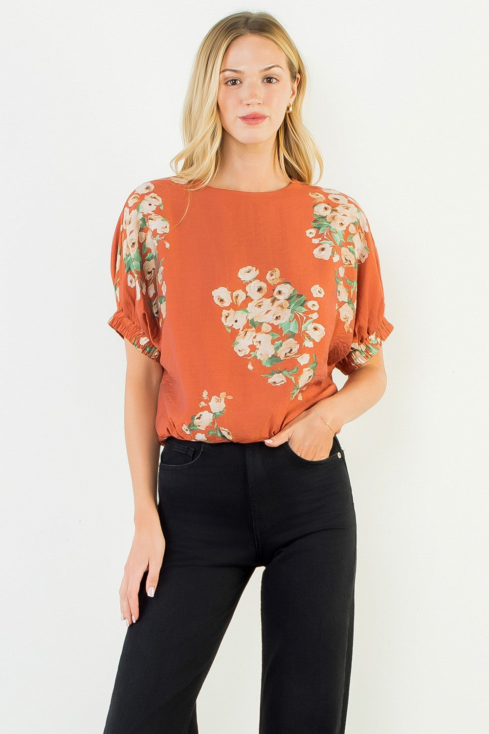 Short Sleeve Loose Floral Top - Rust