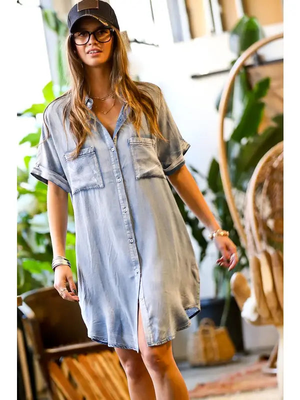 Short Sleeve Front Button Down Denim Shirt