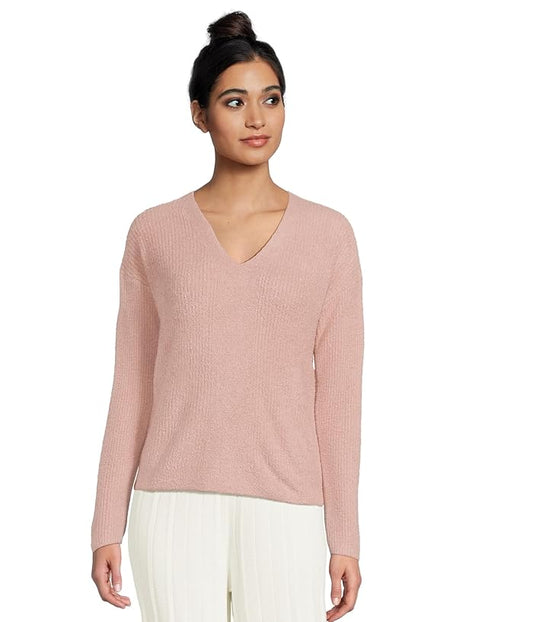Barefoot Dreams CozyChic Lite Ribbed V Neck Pullover With Tie In The Back - Teaberry