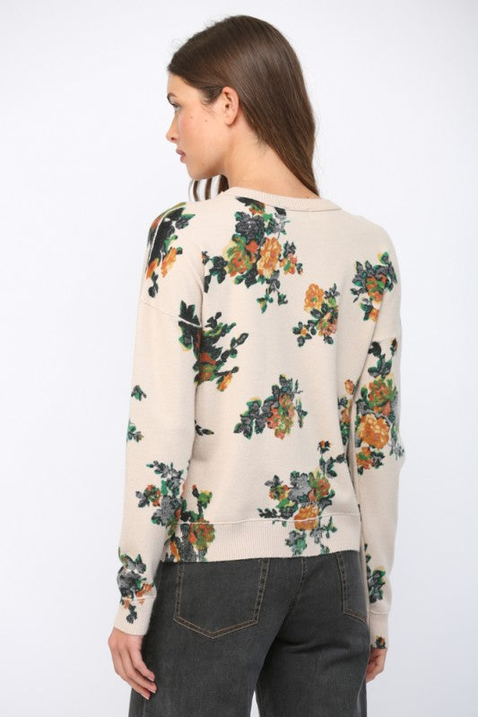 Floral Crew Neckline Sweater - Beige