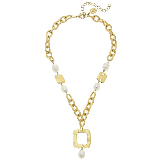 Gold Square And Genuine Freshwater Pearl Chain Necklace