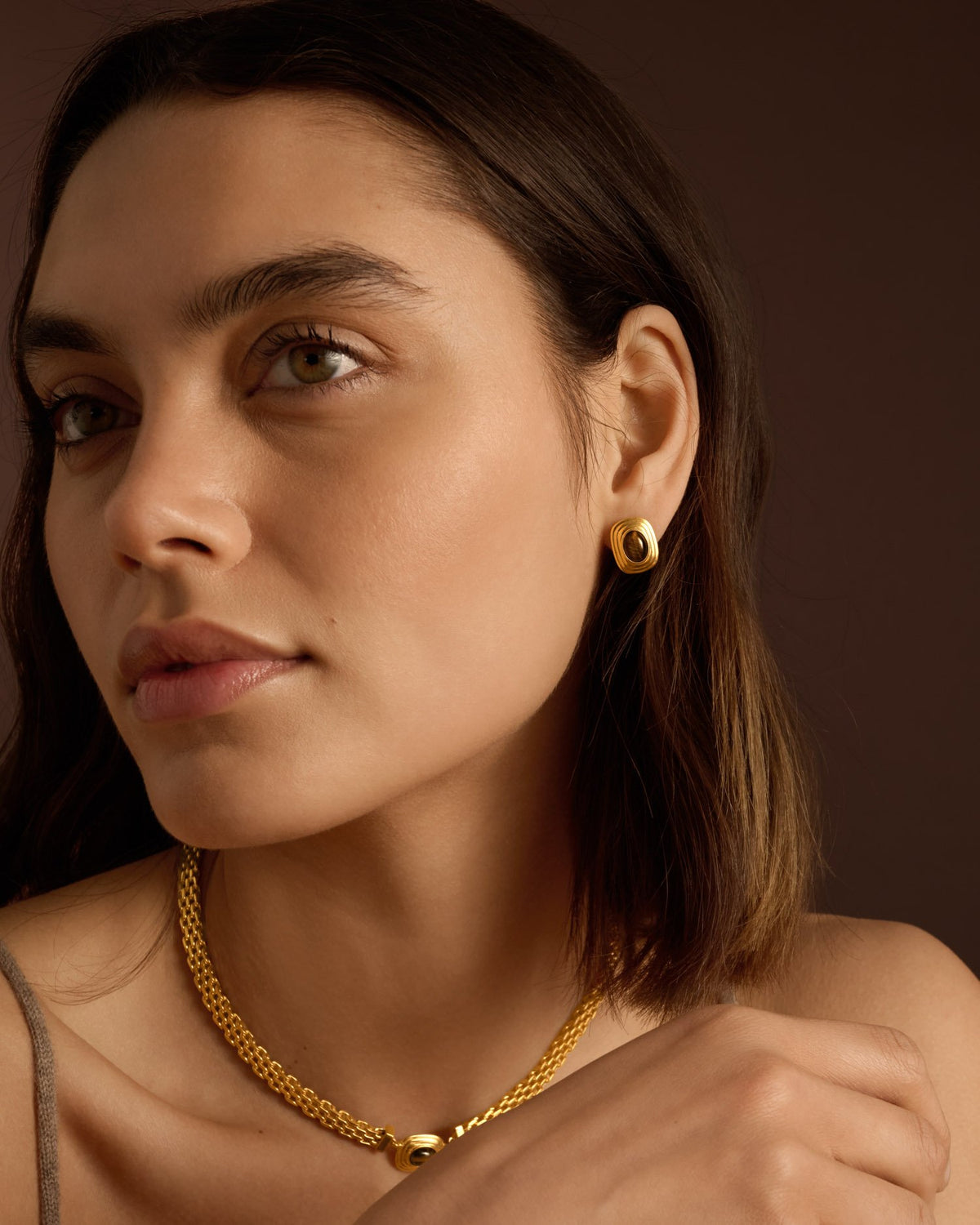 Tigers Eye Waterproof Gold Button Stud Earrings