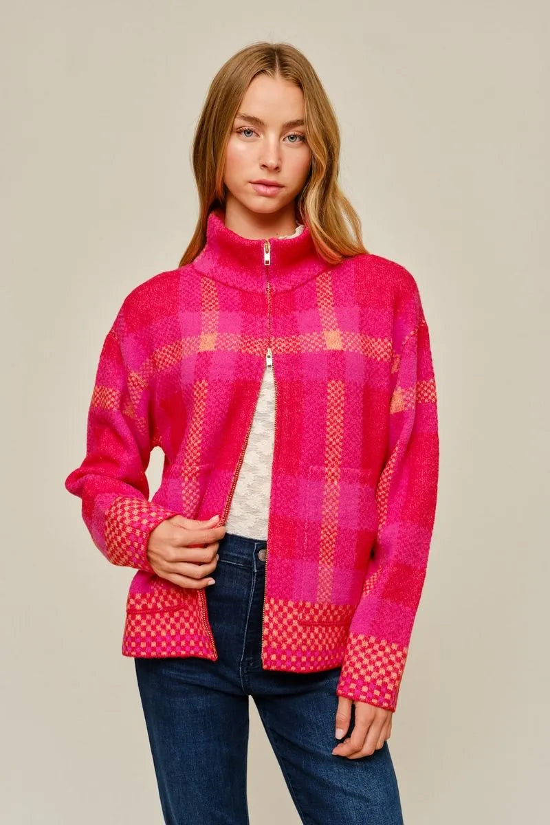 Plaid Zip Up Cardigan - Red