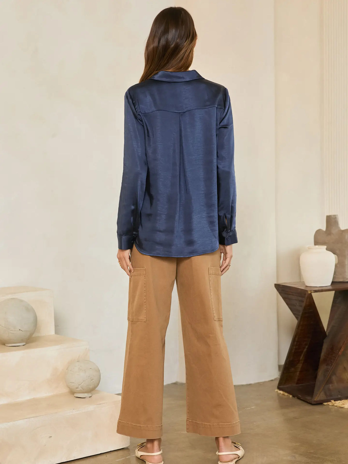 Satin V Neck Button Down - Navy