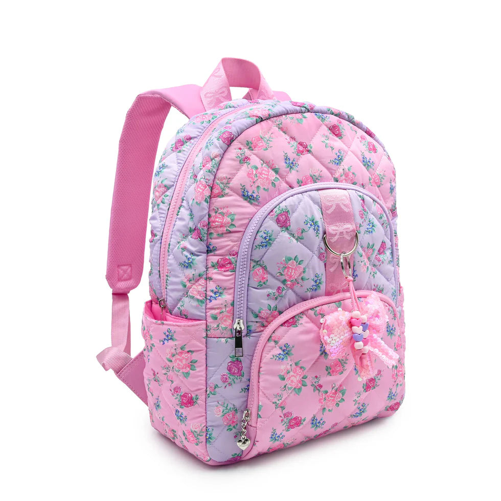 Floral Printed Quilted Large Backpack with Charm