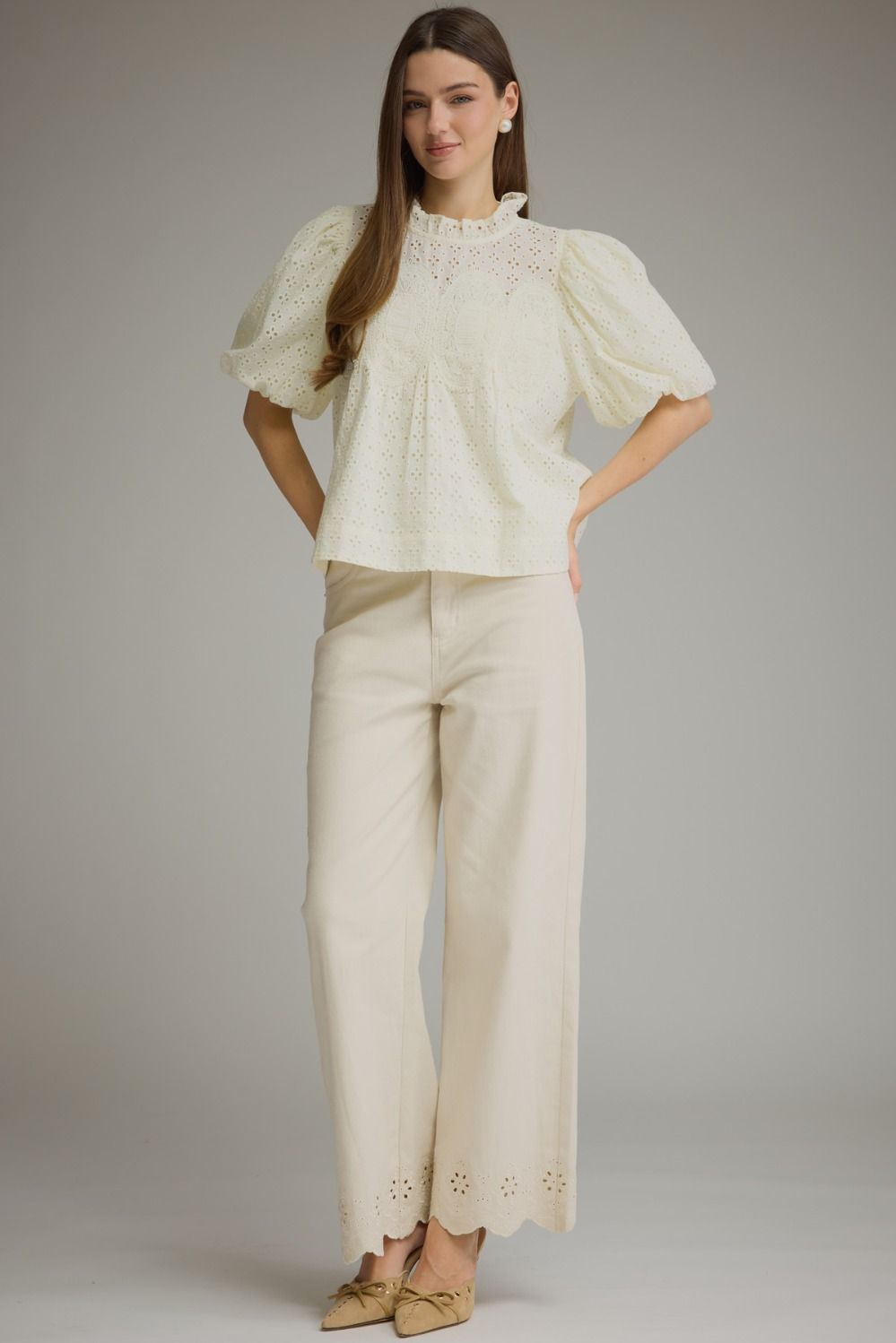 Eyelet Puff Sleeve Top - Cream