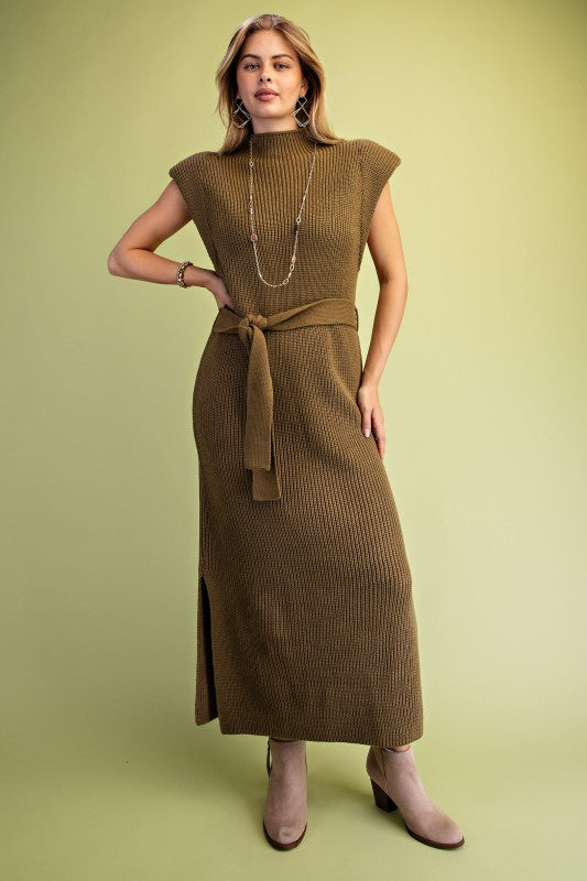 Olive High Neck Knit Midi Dress