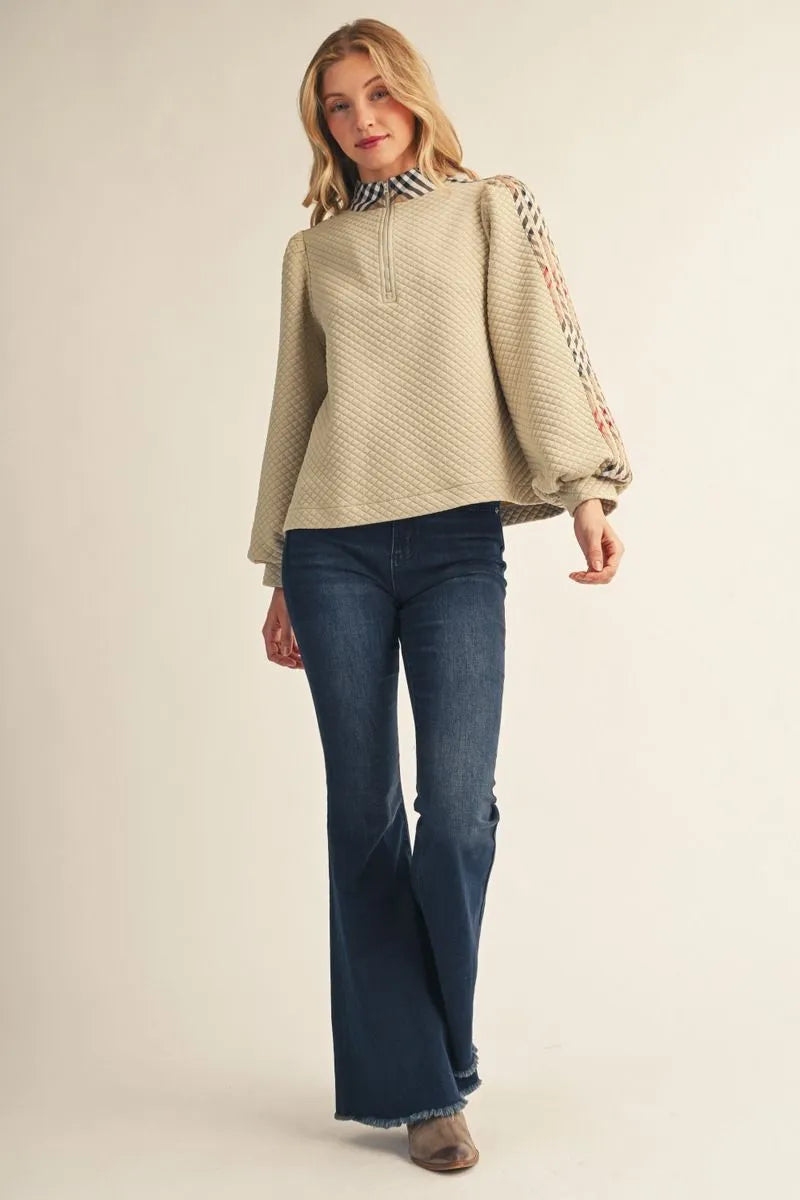 Quarter Zip Puff Sleeve - Beige