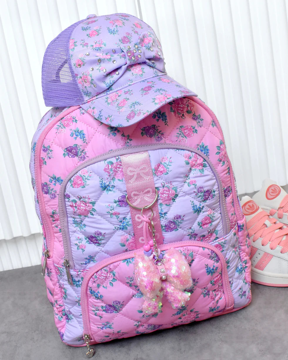 Floral Printed Quilted Large Backpack with Charm