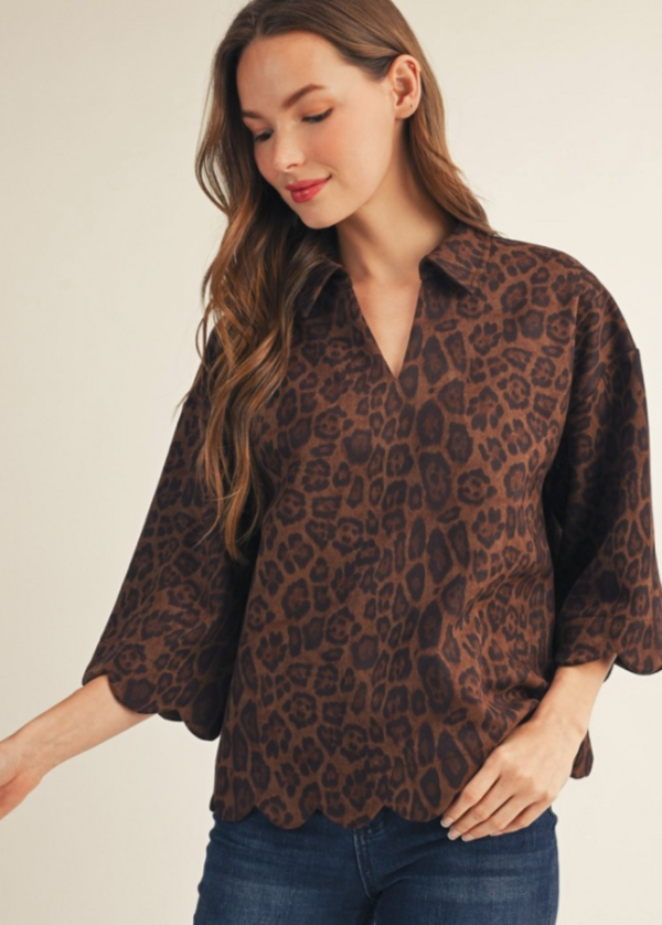 Scallop Edge Detail Leopard Suede Top