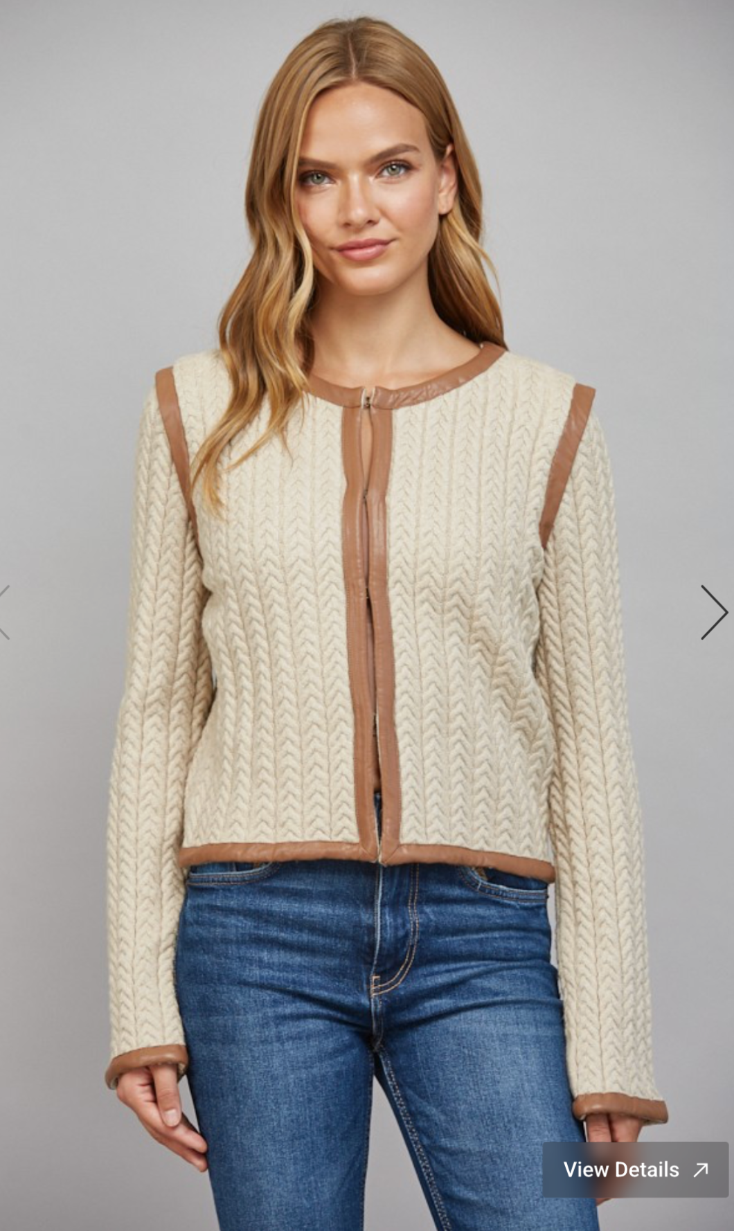 Contrasting Faux Leather Trim Knit Jacket