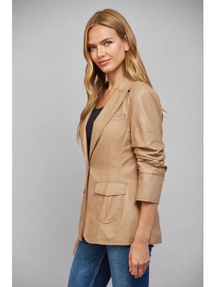 Ruched Sleeve Leather Blazer